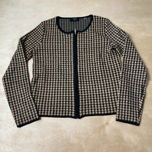 Tahari Black Brown Houndstooth Design Zip Up Jacket Crew Neck Women's Small